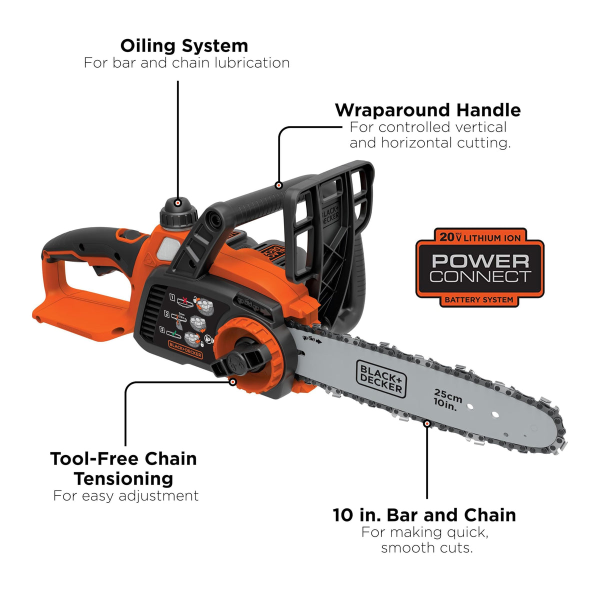 BLACK+DECKER LCS1020B tool-free chain tensioning for quick adjustments