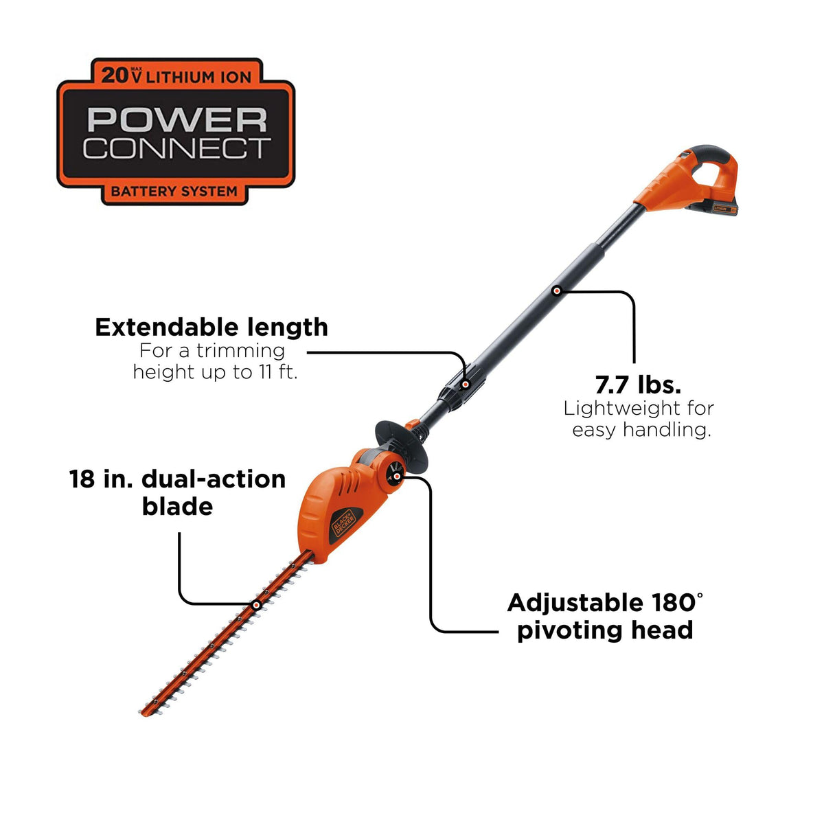 Black+Decker LPHT120 18-inch dual-action blade close-up for smoother trimming