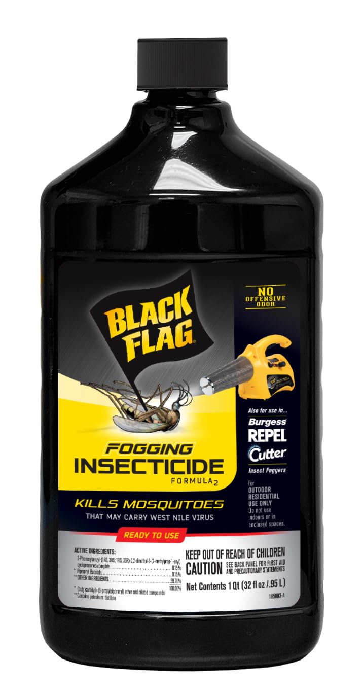 Black Flag 32oz fogging insecticide bottle for outdoor pest control in lawns.