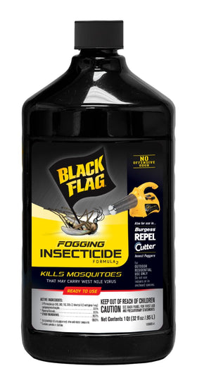 Black Flag 32oz fogging insecticide bottle for outdoor pest control in lawns.