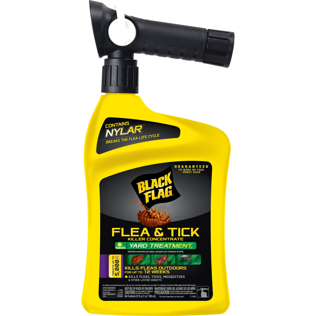 Black Flag flea and tick killer yard treatment bottle ready for outdoor use, kills fleas and ticks.