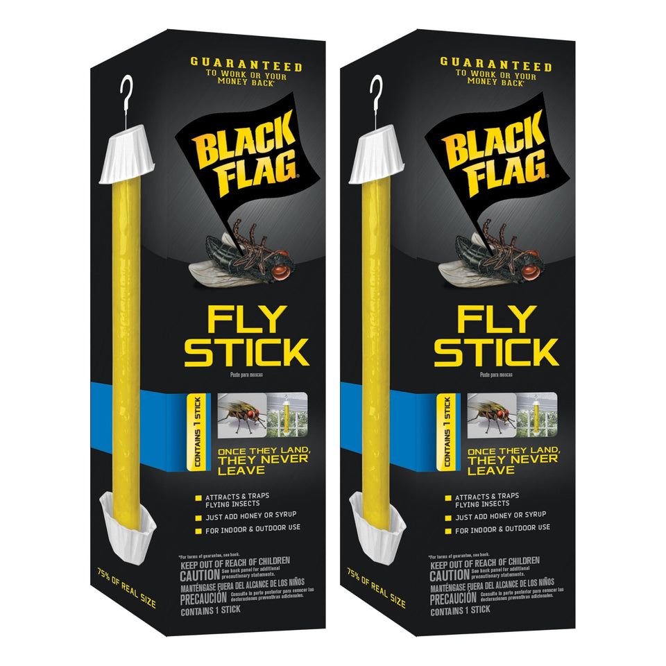 Black Flag Fly Stick 2-Count package attracts and traps flying insects indoors or outdoors