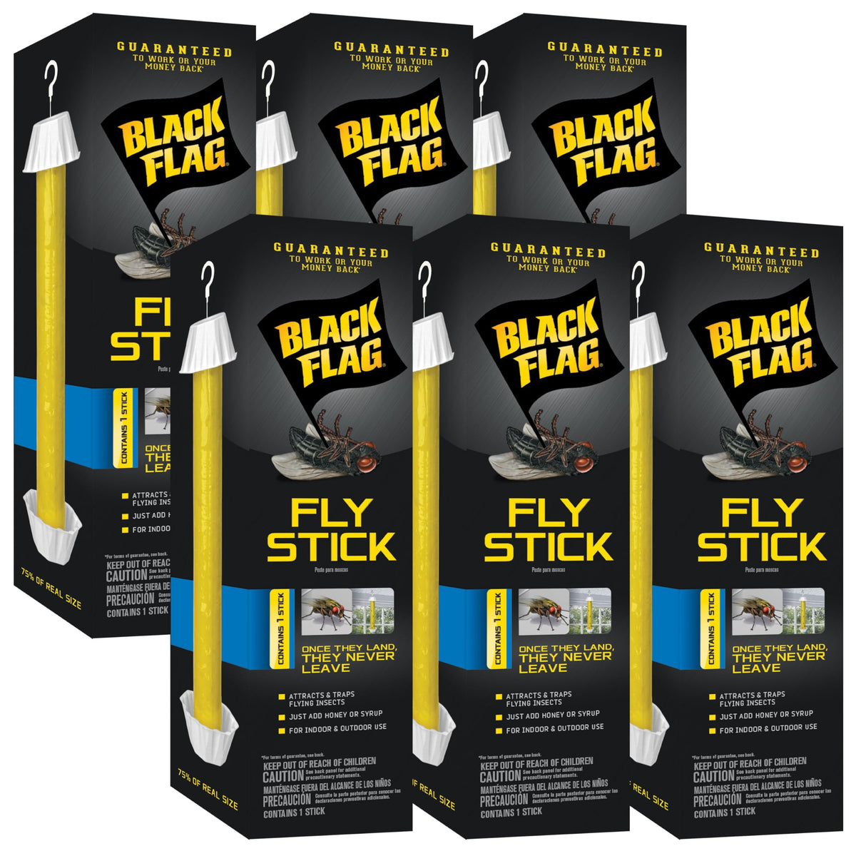 Black Flag Fly Stick hanging indoors traps flying insects.