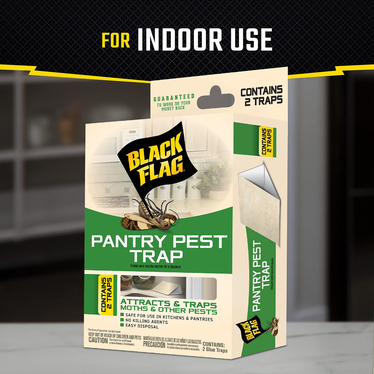 Black Flag trap close-up shows attractant lure for pantry moth control.
