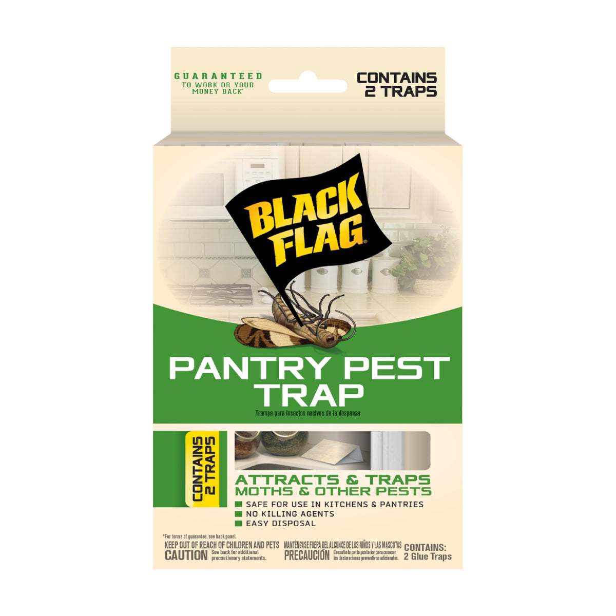 Black Flag pantry pest trap in a kitchen cabinet protects dried foods.