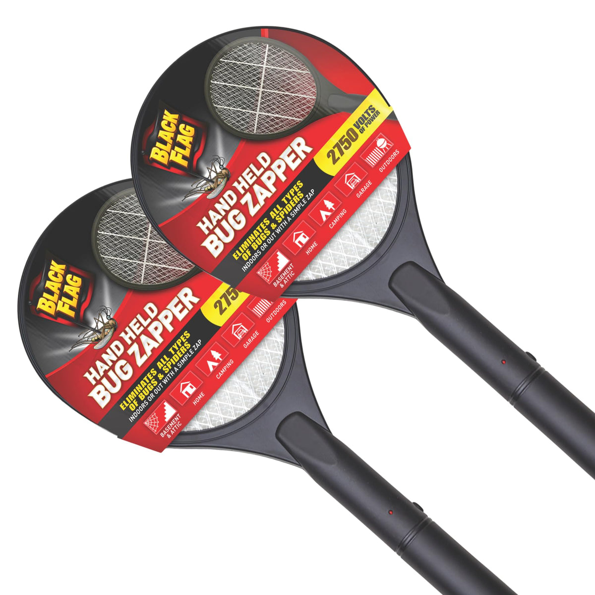 Black Flag zapper racket with large swatting surface for high zap hit rate.