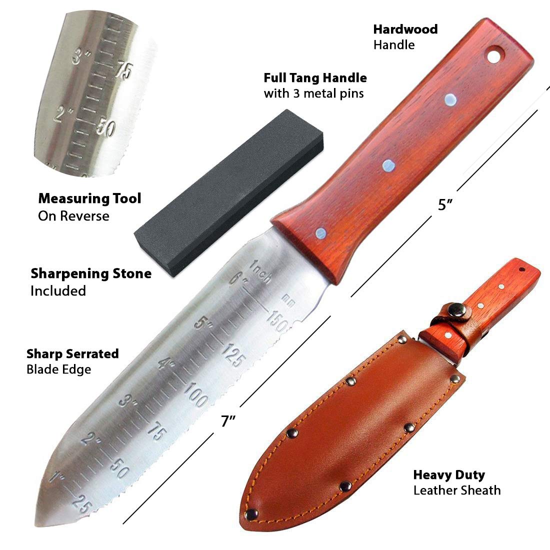 Black Iron Hori Hori leather sheath protects blade during storage.