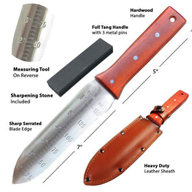 Black Iron Hori Hori leather sheath protects blade during storage.
