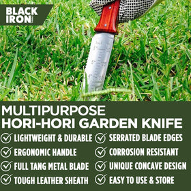 Black Iron Hori Hori serrated edge cuts through tough roots.