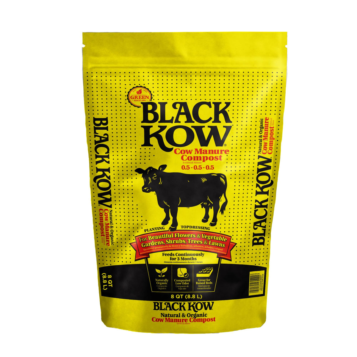 Black Kow 8qt bag on shelf supports soil health with moisture retention.