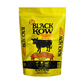 Black Kow 8qt bag on shelf supports soil health with moisture retention.