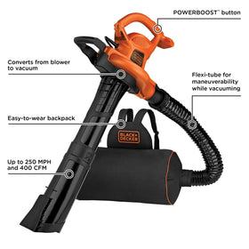 BLACK+DECKER BEBL7000 in vacuum mode picking up leaves with strong suction.