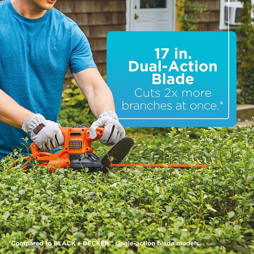 BLACK+DECKER hedge trimmer dual-action blade reduces vibration for comfortable trimming