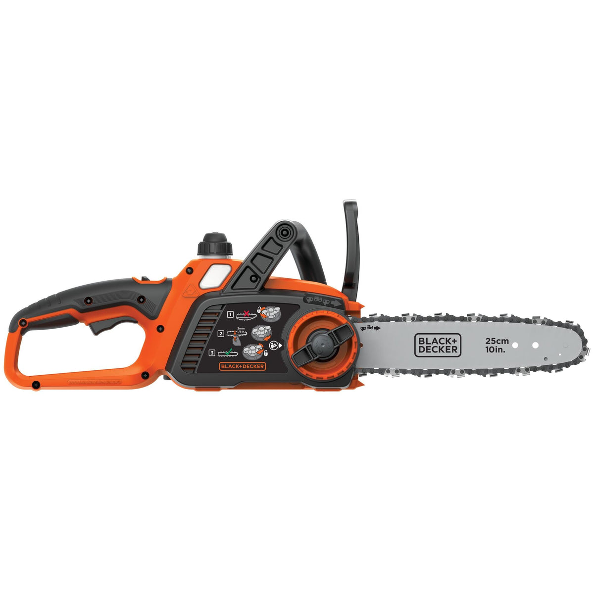 BLACK+DECKER LCS1020 front view shows compact cordless chainsaw for quick yard tasks.
