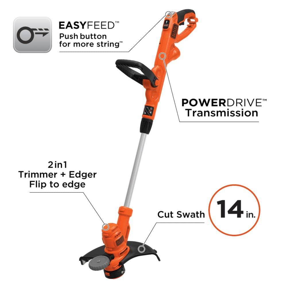 BLACK+DECKER trimmer EasyFeed button enables quick line advancement during tasks.