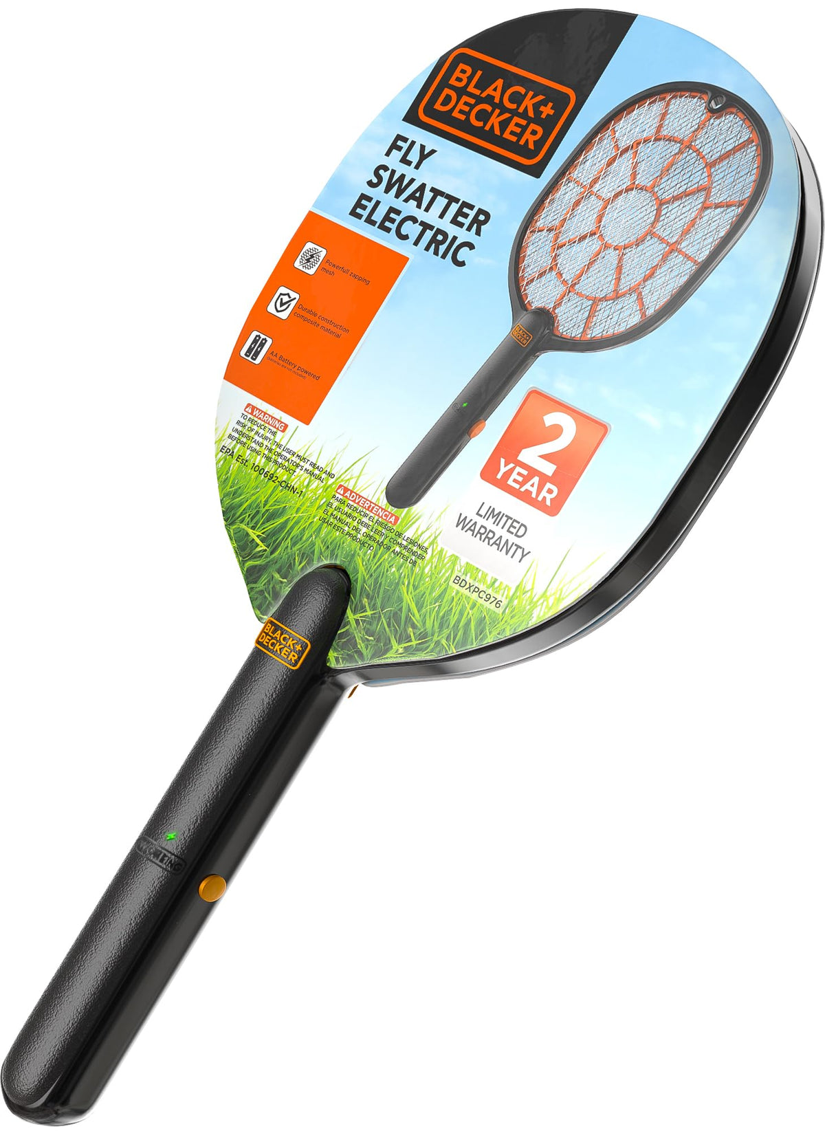 BLACK+DECKER Bug Zapper Racket front view with wide grid for quick bug capture.