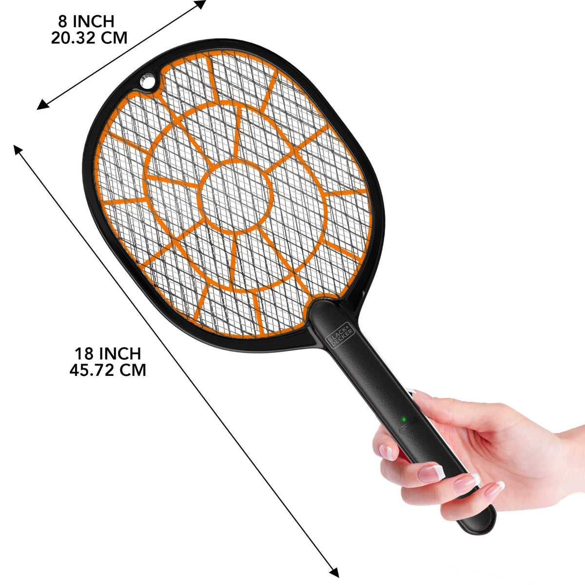 BLACK+DECKER Bug Zapper Racket grid close-up highlighting safe, durable mesh.