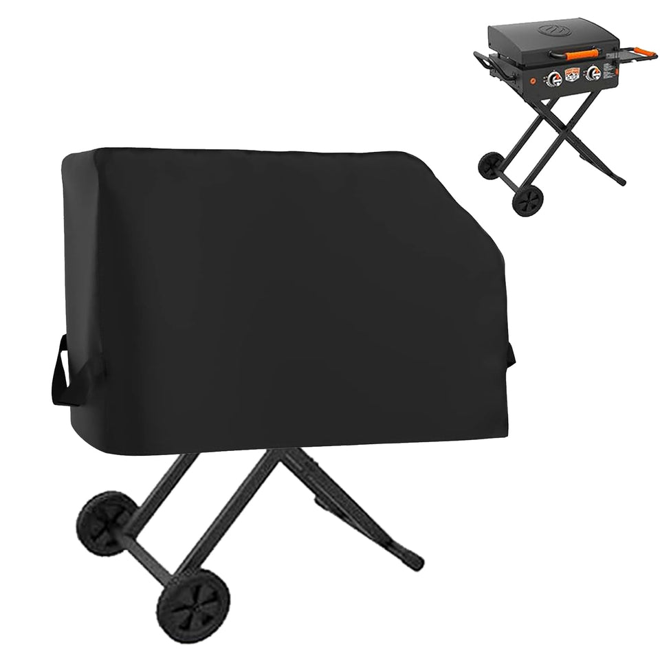 Blackhoso griddle cover on Blackstone 22 with hood and stand protects against rain.