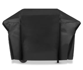 Blackhoso performance cover on a Char-Broil grill protecting from rain and wind.