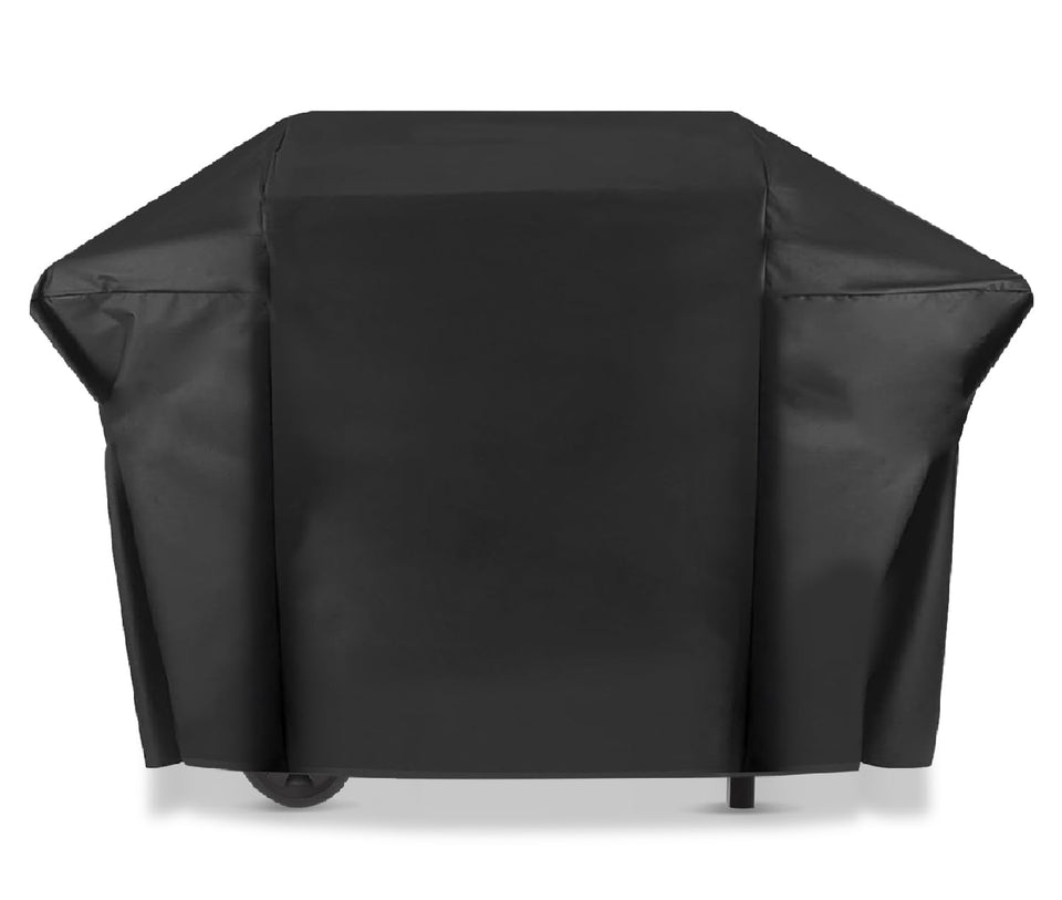 Blackhoso performance cover on a Char-Broil grill protecting from rain and wind.