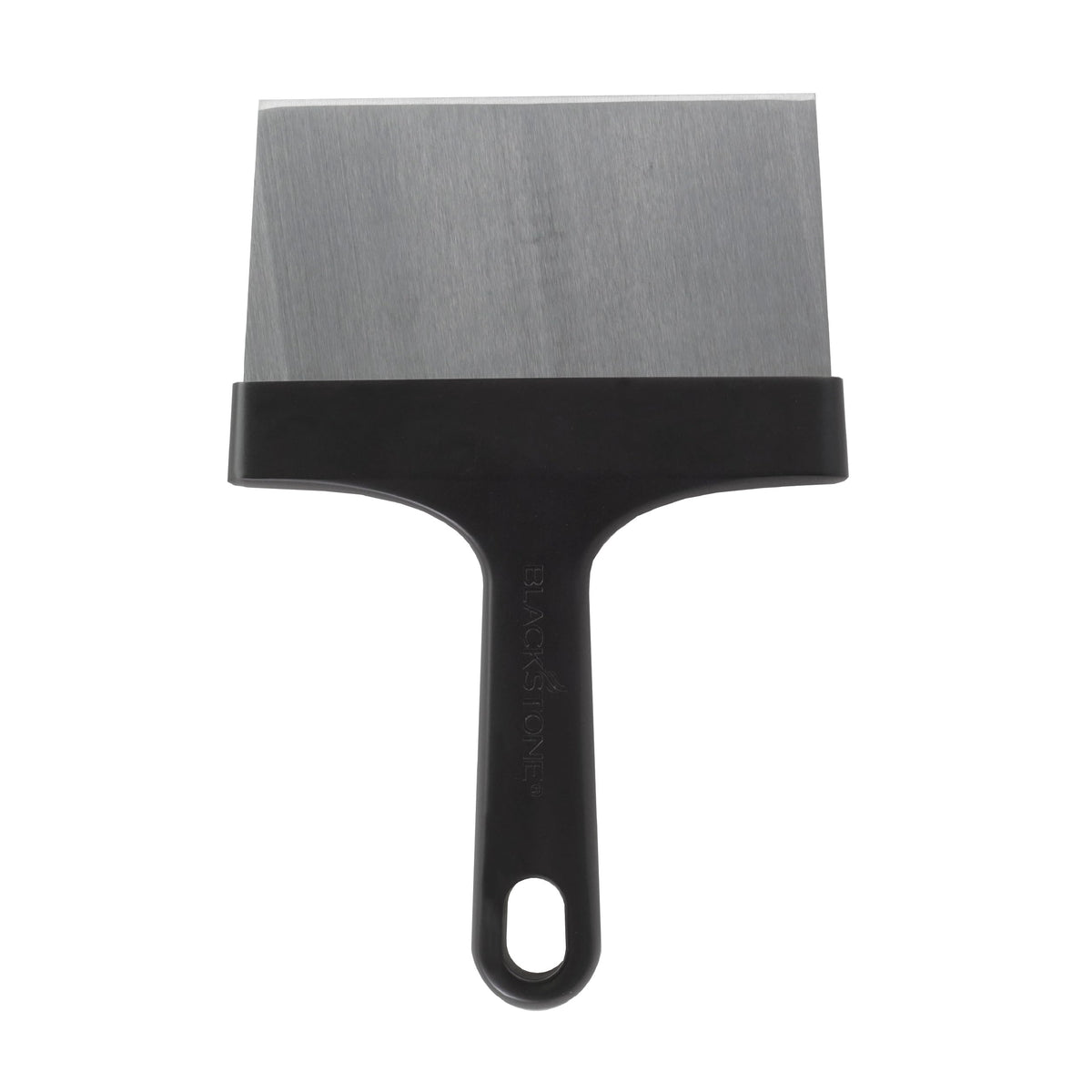 Blackstone griddle scraper with stainless steel blade removes tough grease from a flat top.