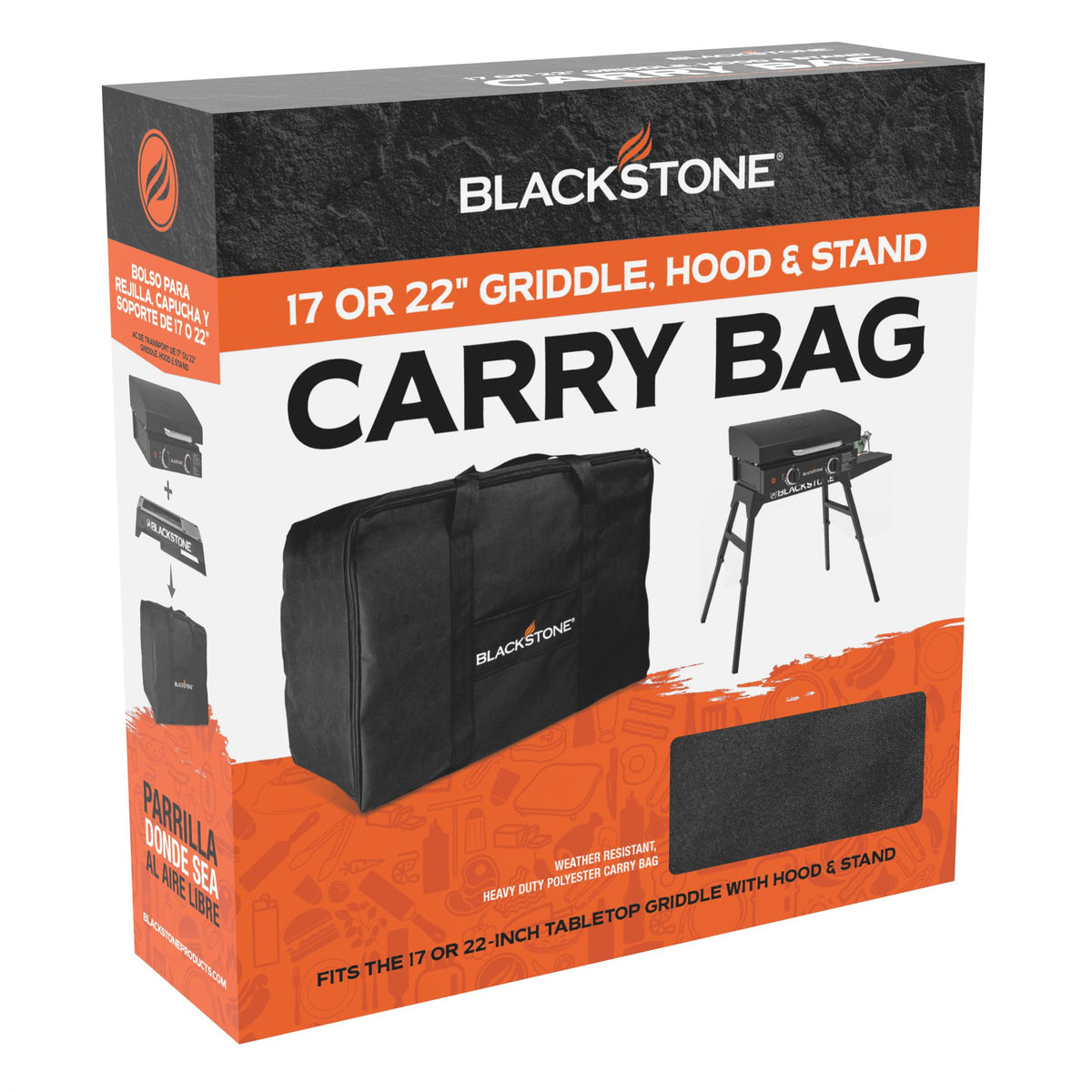 BLACKSTONE bag view confirms hood and stand compatibility for a complete setup.