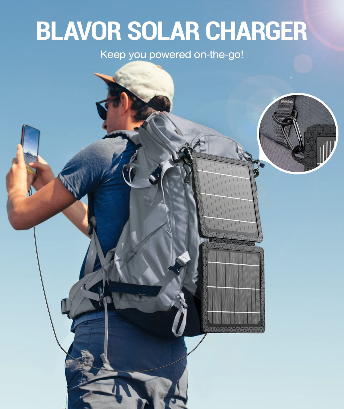 BLAVOR solar kit includes cable and carabiners for convenient setup.