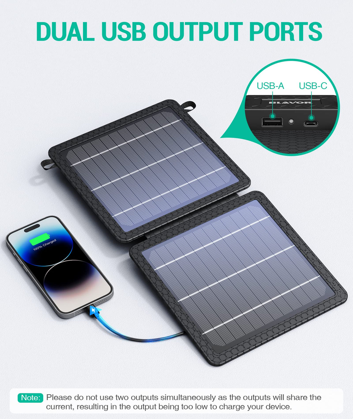 BLAVOR 10W charger with USB A and USB C outputs for multiple devices outdoors.