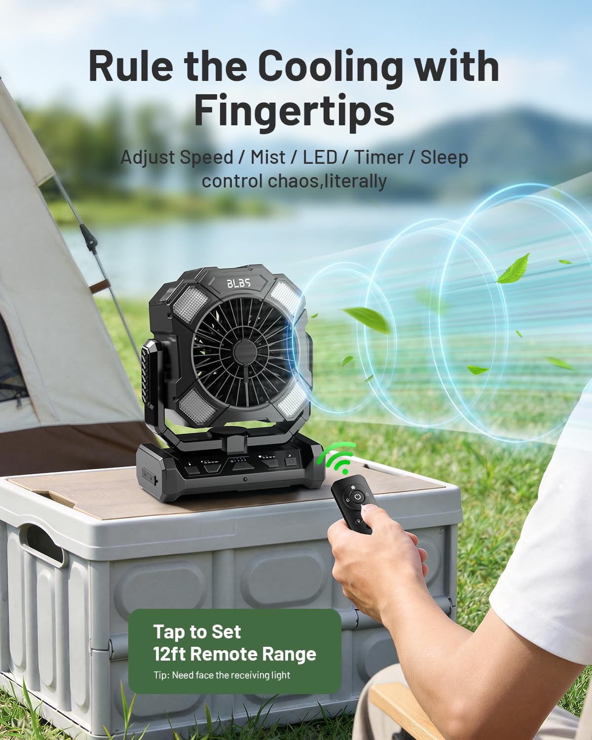 BLBS camping misting fan on tent hook for hands-free use