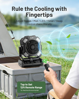 BLBS camping misting fan on tent hook for hands-free use