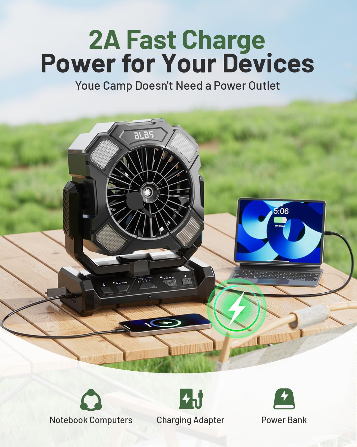 BLBS misting fan LED light for night outdoor comfort
