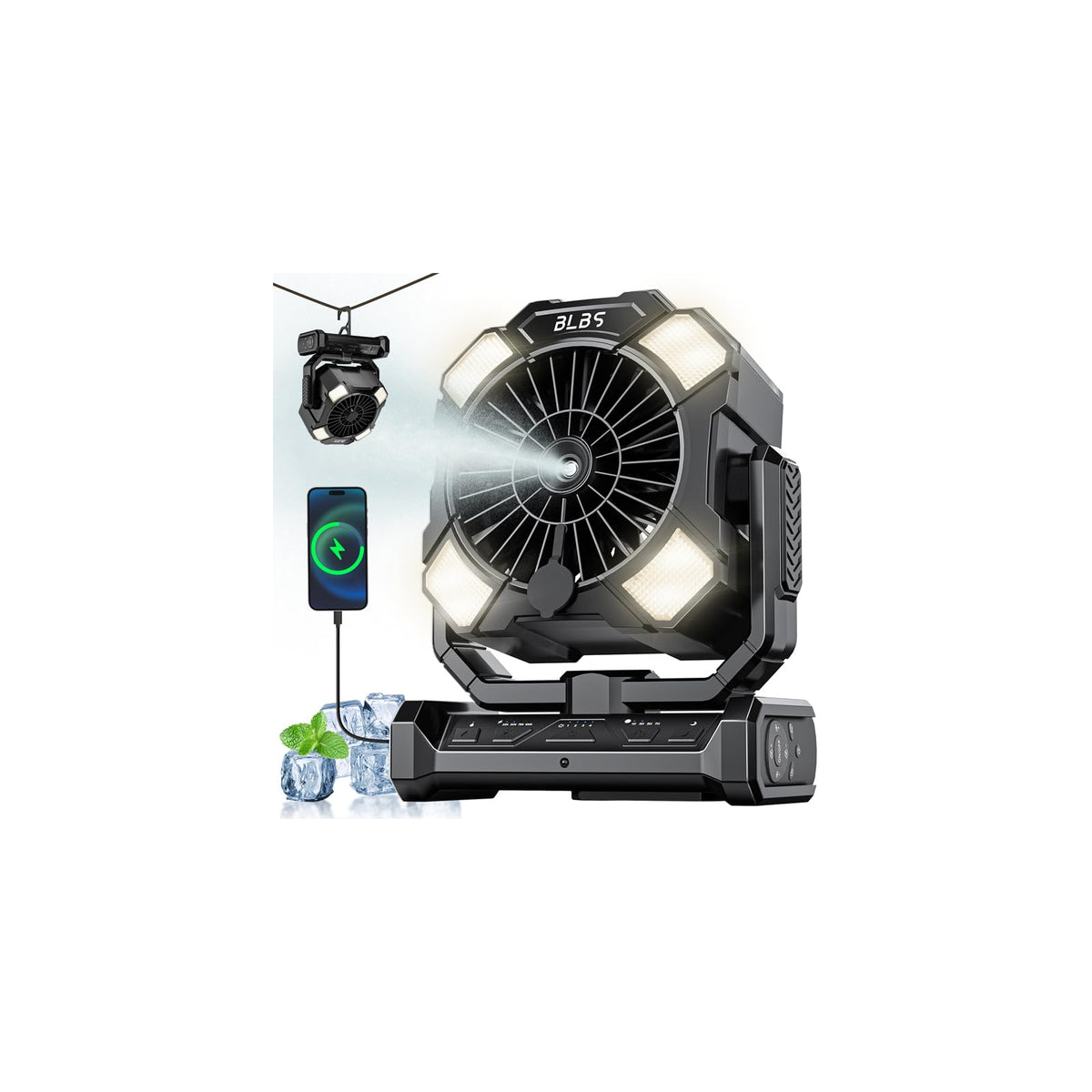 BLBS camping misting fan with water tank for outdoor cooling relief