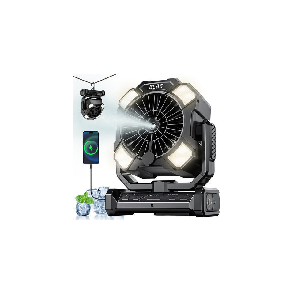 BLBS camping misting fan with water tank for outdoor cooling relief
