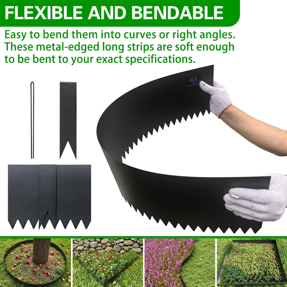 BLENNACY bendable steel edging shapes easily for rounded beds.