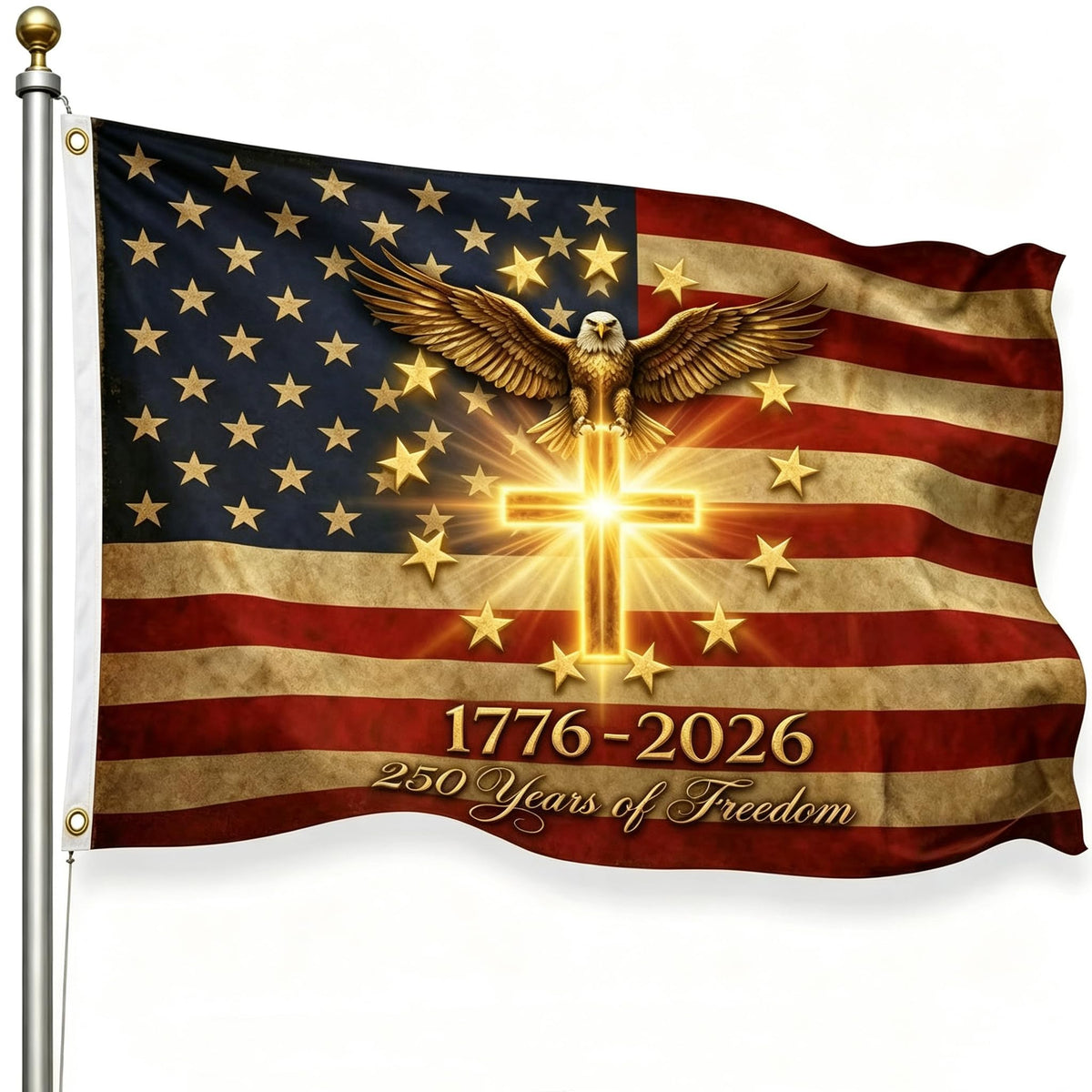 BLE.QLY 250th anniversary flag front view shows vibrant colors for outdoor display.