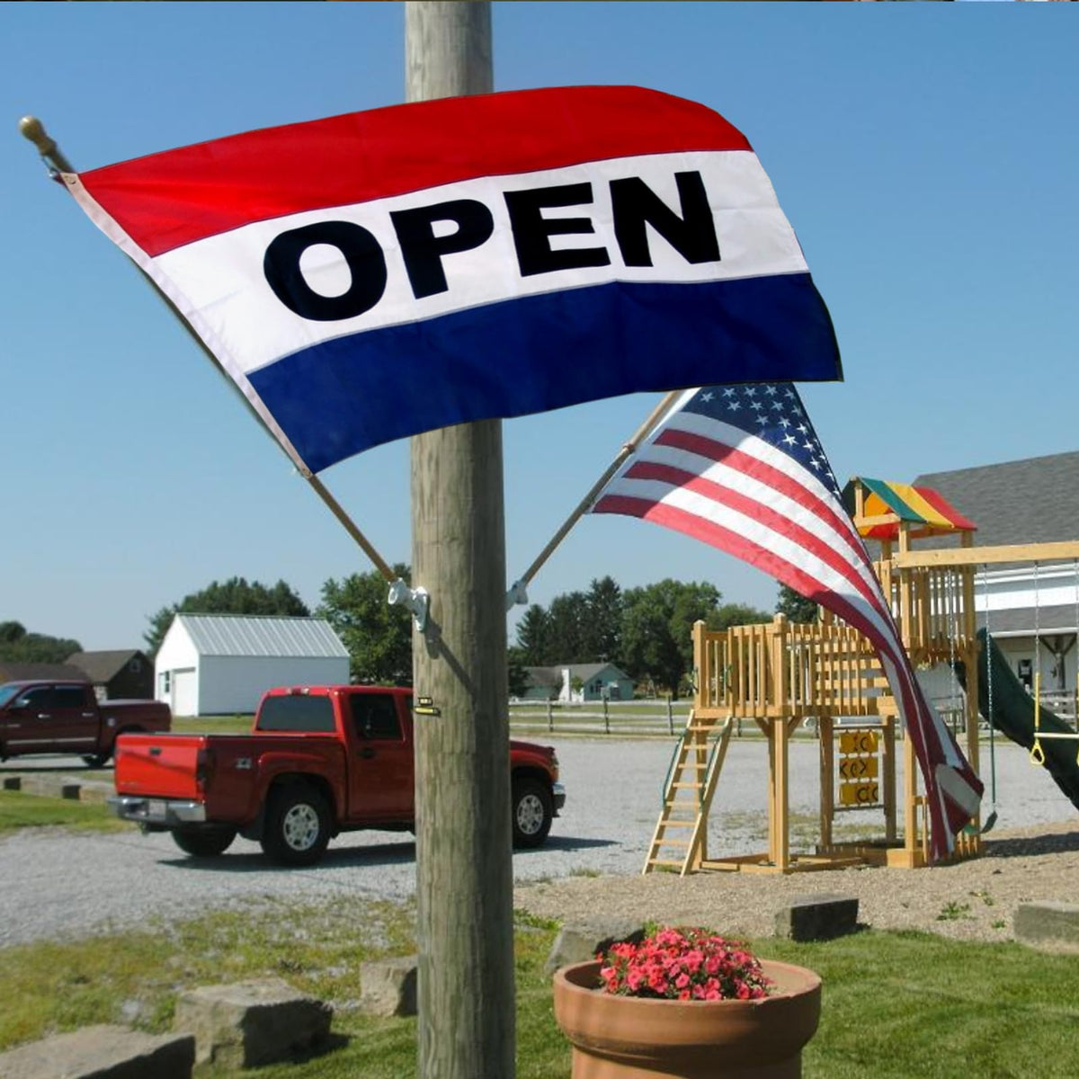 Fade-resistant, outdoor-ready flag suitable for indoor or outdoor use.