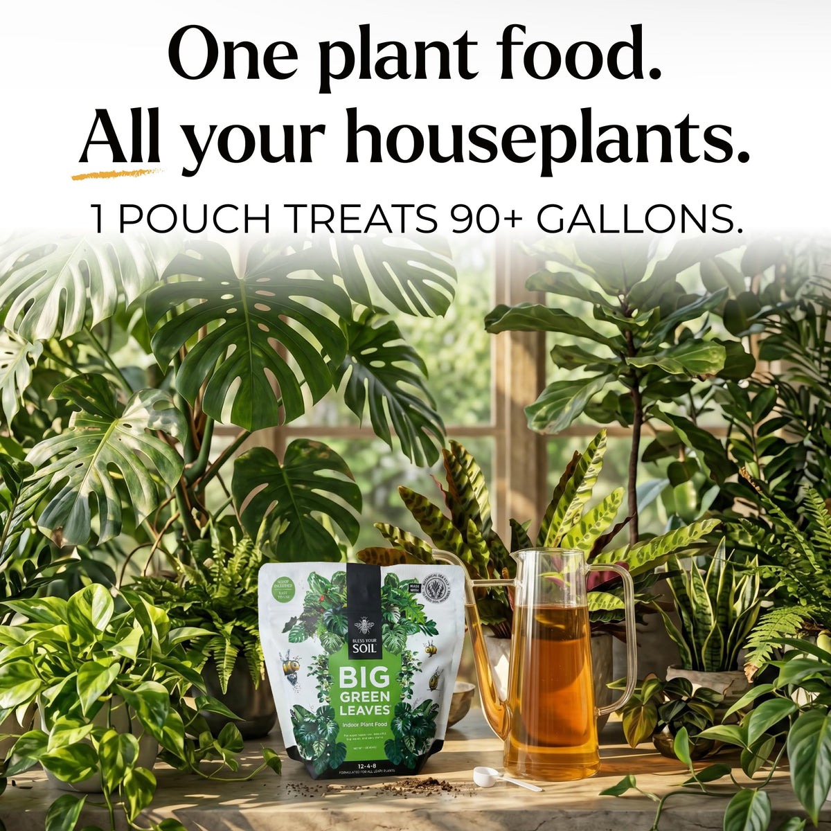 Bless Your Soil Big Green Leaves 90-gallon mix illustrates generous yield from one pouch.