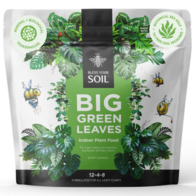 Bless Your Soil Big Green Leaves bottle pour shows easy dosing for healthier foliage.