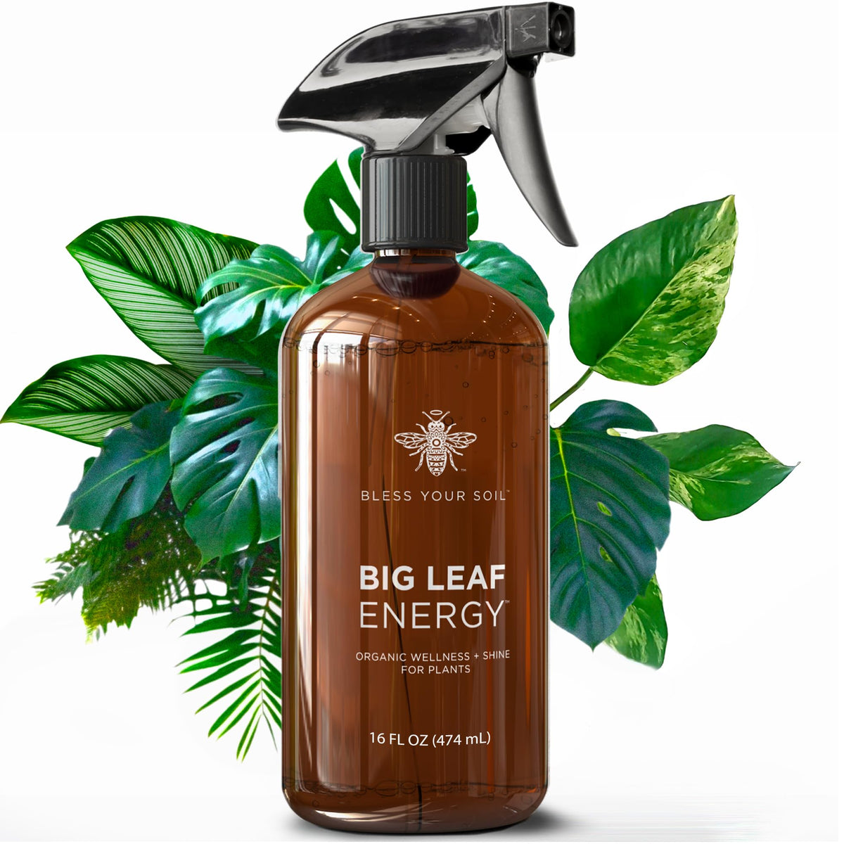 Bless Your Soil Big Leaf Energy bottle front view, for healthy indoor plants