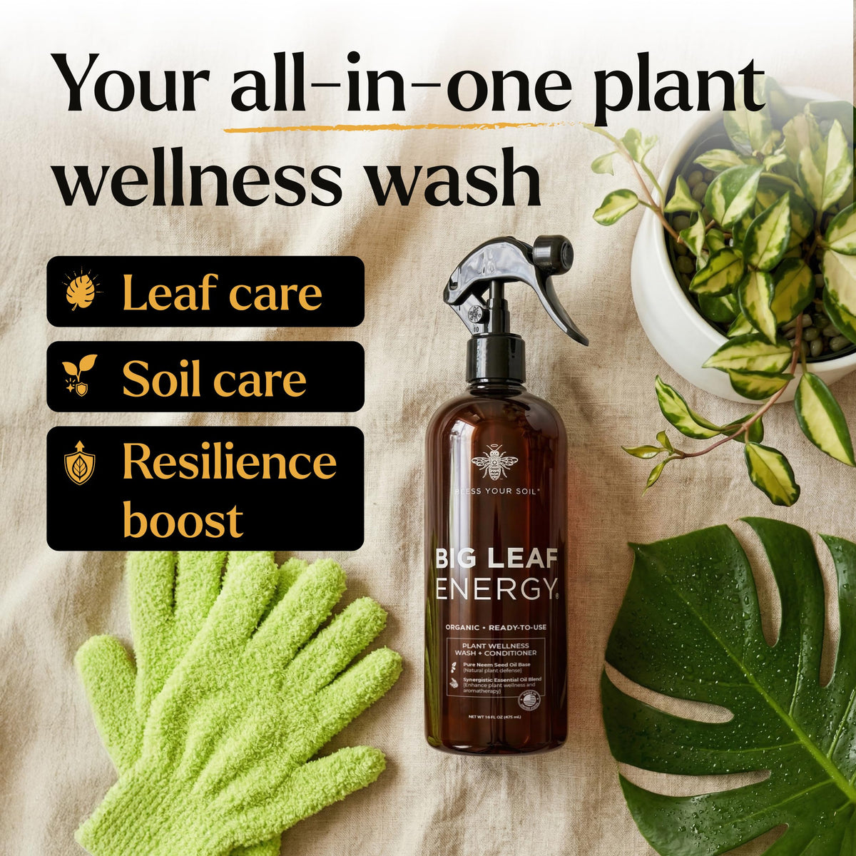 Bless Your Soil Neem Oil Spray aroma blend provides a pleasant scent during use.