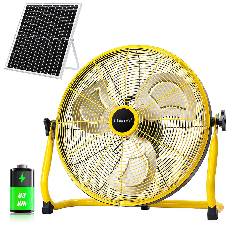 Blessny 16inch solar floor fan front view for broad outdoor cooling