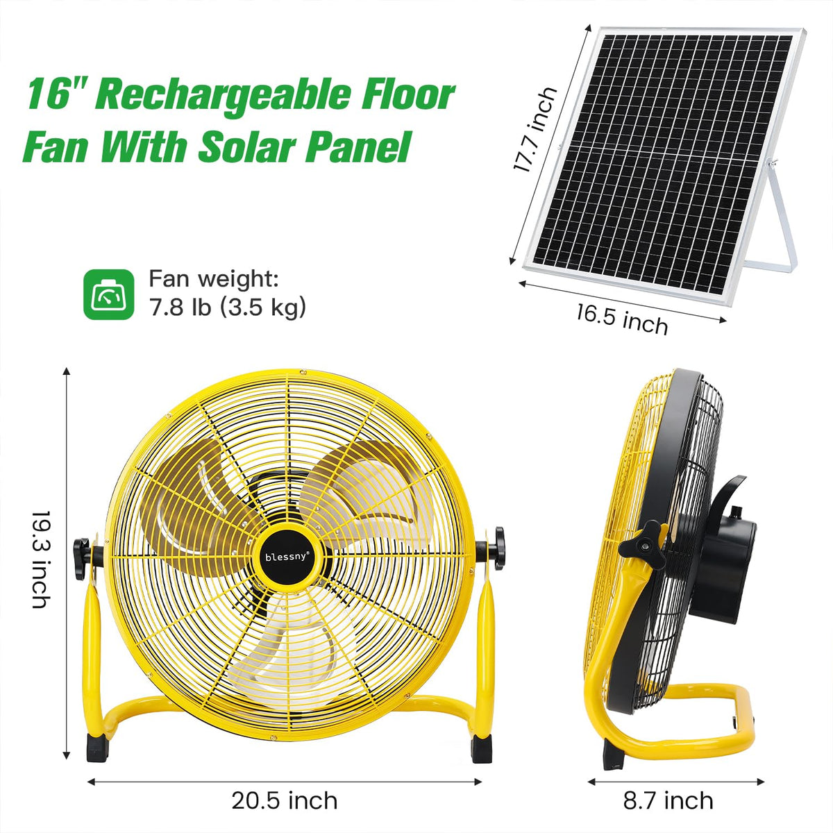 Blessny 16inch solar floor fan side view highlighting portable design