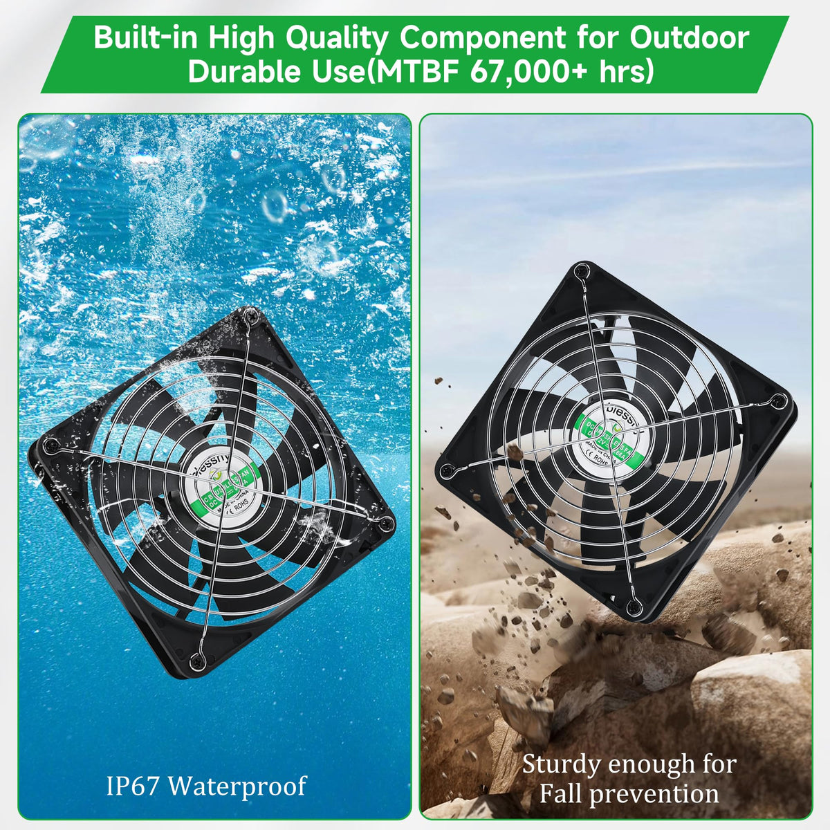 Blessny IP67 waterproof solar fans withstand outdoor weather for reliable ventilation.