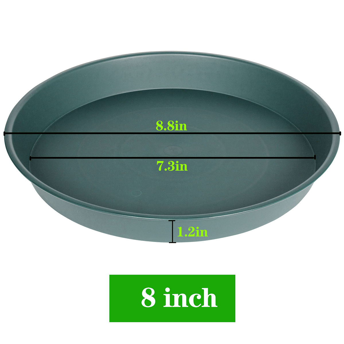Bleuhome 8-inch green bird bath bowl side view, sturdy plastic for seasons of use.