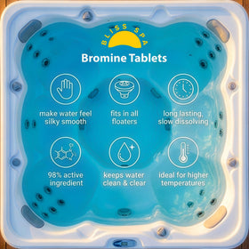 Bliss Spa bromine tabs create soft water feel for skin-friendly soaks.