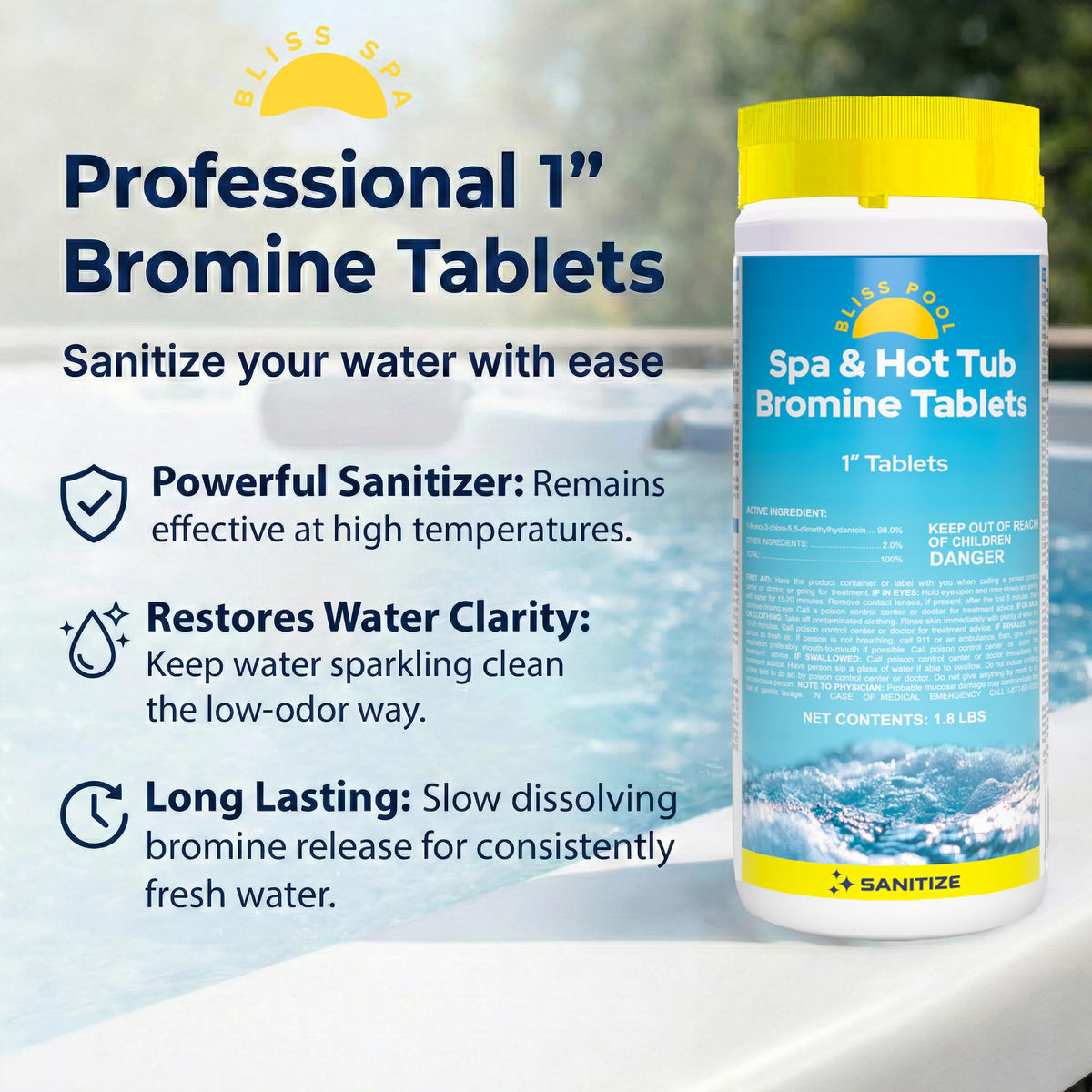 Bliss Spa bromine tabs compatible with various spa types and indoor pools.