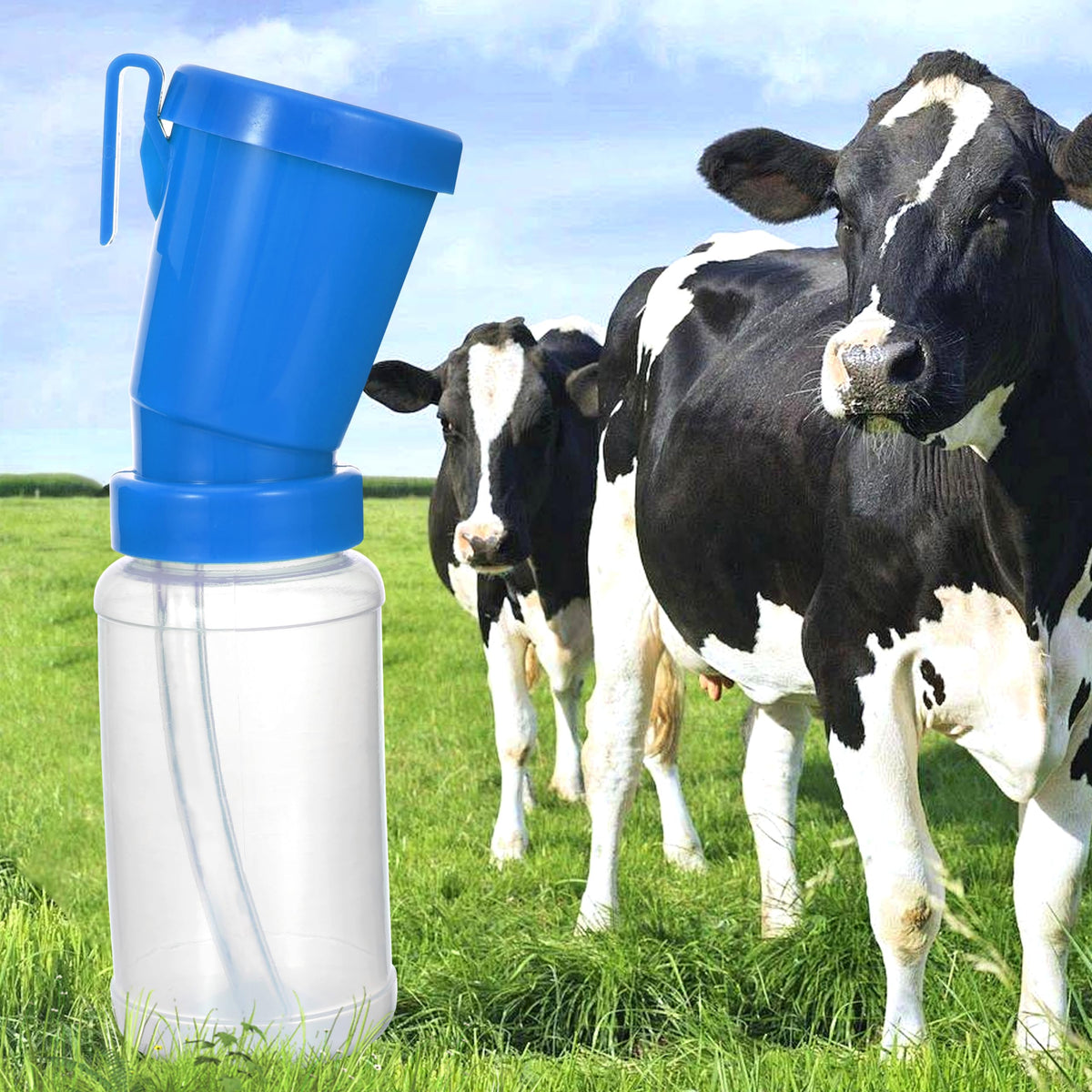 Blisstime blue teat dip cup in-use with easy squeeze disposal after dipping
