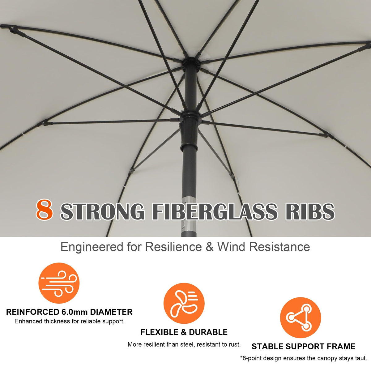 Blissun fiberglass ribs offer flexible strength and wind resistance for outdoor use.