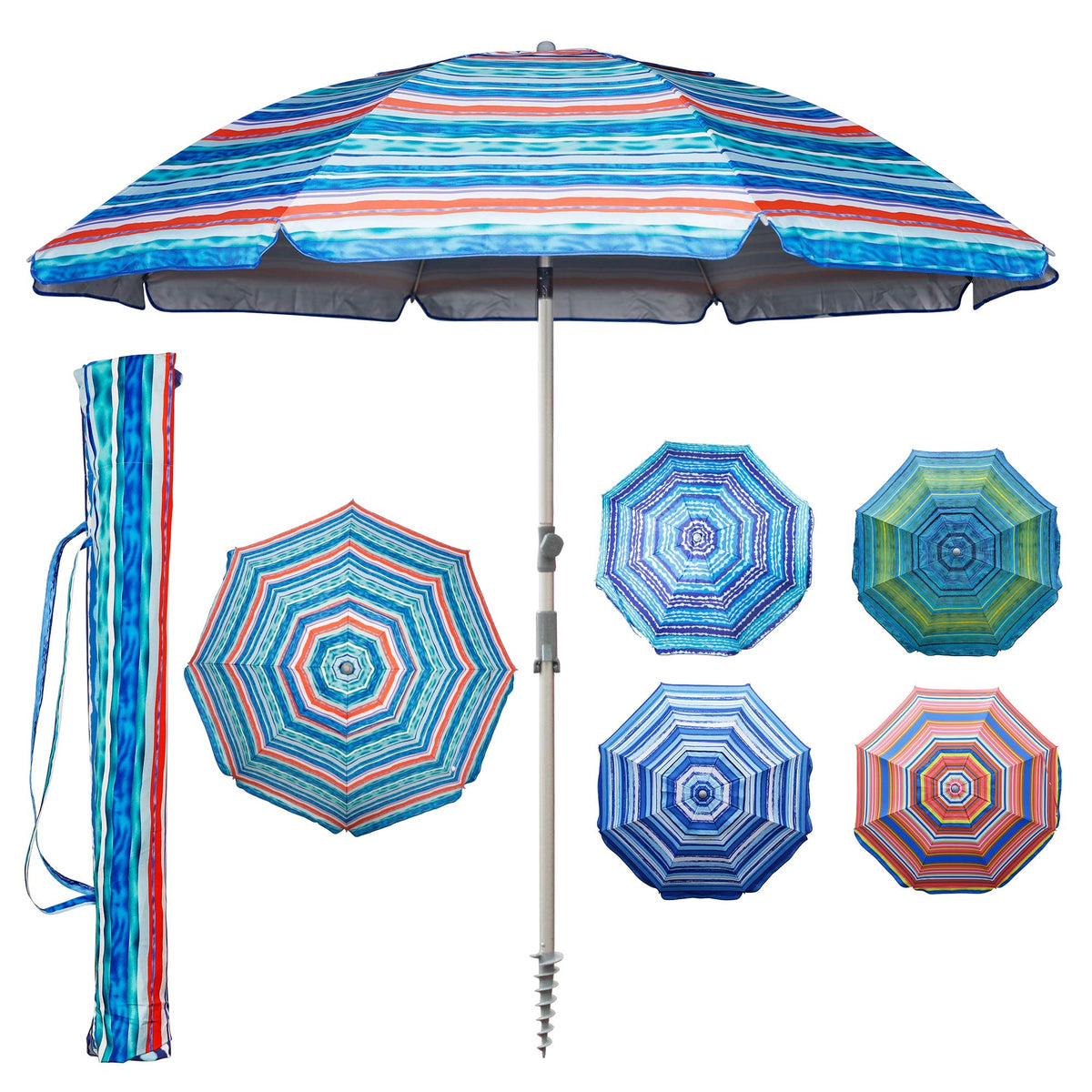 Blissun 7.2' umbrella with sand anchor secures shade on windy beaches.