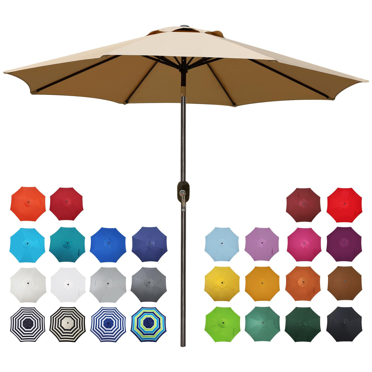 Blissun 9ft outdoor umbrella with tan canopy opened for full shade on a sunny patio.